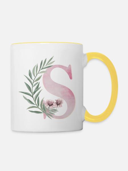 Buchstabe S mit Blumen - Tasse zweifarbig - Weiß/Gelb