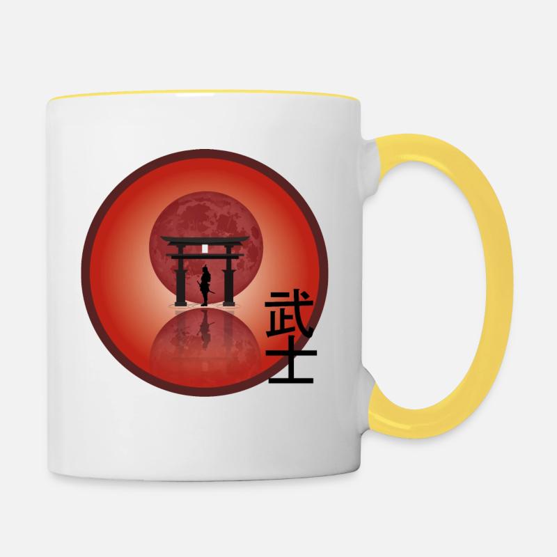 Samurai Roter Mond - Sonnenuntergang Samurai Design - Tasse zweifarbig - Weiß/Gelb