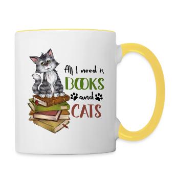 All I need is Cats and books Niedliche Katze Buch - Tasse zweifarbig - Weiß/Gelb - Rechts