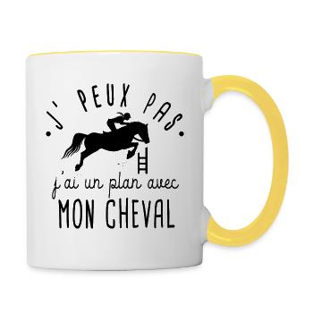 Je peux pas j'ai cheval humour équitation chevaux - Mug contrasté - blanc/jaune - Droite