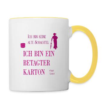Alte Schachtel? Ich bin ein betagter Karton! - Tasse zweifarbig - Weiß/Gelb - Rechts