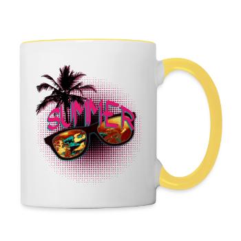 Soleil d’été, lunettes de soleil et palmiers - Mug contrasté - blanc/jaune - Droite