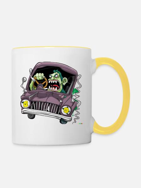 Zombie fährt ein Auto - Tasse zweifarbig - Weiß/Gelb