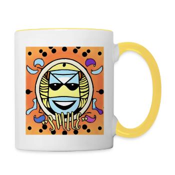Absurde Illustration, Lächeln mit Brille - Tasse zweifarbig - Weiß/Gelb - Rechts