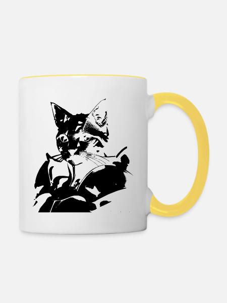 Katze mit Rüstung - Tasse zweifarbig - Weiß/Gelb