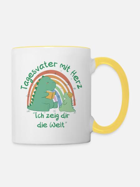 Tagesvater mit Herz - Ich zeig dir die Welt - Tasse zweifarbig - Weiß/Gelb