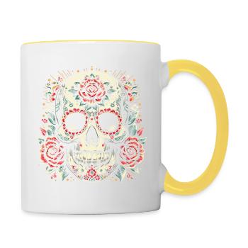 Calavera tête de mort roses - Mug contrasté - blanc/jaune - Droite