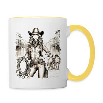 western vintage cowboy girl american wild west - Contrasting Mug - white/yellow - Right