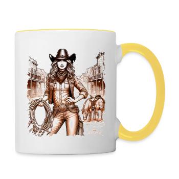 western vintage cowboy girl american wild west - Contrasting Mug - white/yellow - Right