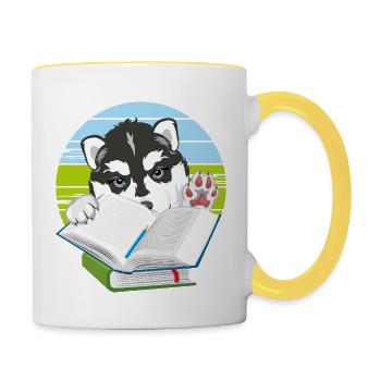 Chiot husky chien adore lire des livres - Mug contrasté - blanc/jaune - Droite