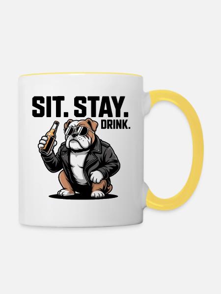 Sitz Bleib Trink Bulldoggenbier - Tasse zweifarbig - Weiß/Gelb