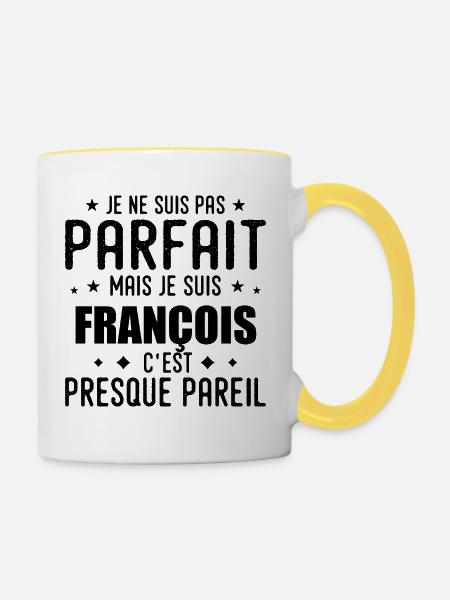 François: authentisch, unvollkommen, oben, Perfektion - Tasse zweifarbig - Weiß/Gelb