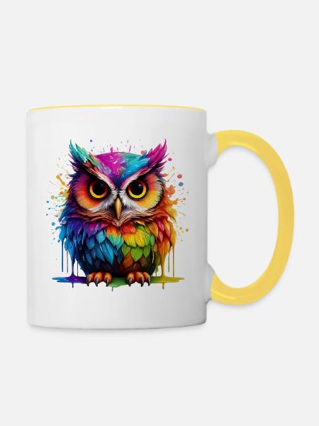 Bunte Eulenkunst Digitaldruck - Tasse zweifarbig - Weiß/Gelb