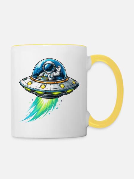 UFO-Astronaut im Funkenflug - Tasse zweifarbig - Weiß/Gelb