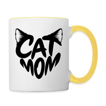Cat Mom, Katzenmama Herz Typo mit Katzenohren - Tasse zweifarbig - Weiß/Gelb - Rechts