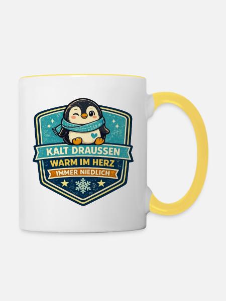 Kalt Draußen Warm Im Herz Pinguin - Tasse zweifarbig - Weiß/Gelb