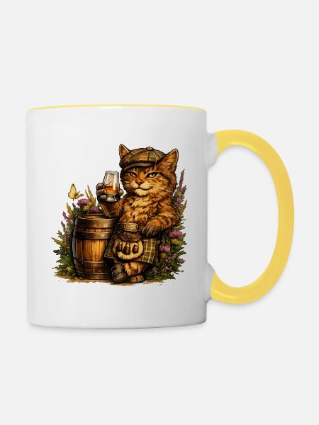 Schottische Wildkatze mit Whiskyfass - Tasse zweifarbig - Weiß/Gelb