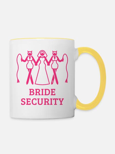 Brautsicherheit (Junggesellinnenabschied / Peitsche / Pink) - Tasse zweifarbig - Weiß/Gelb