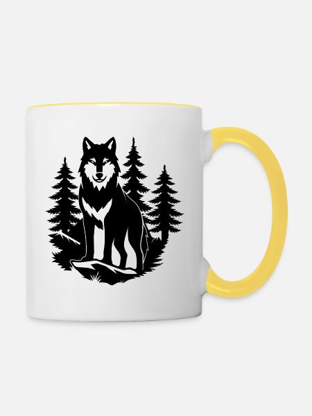Wolfssilhouette im Wald - Tasse zweifarbig - Weiß/Gelb