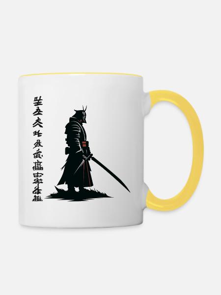 Samurai-Schatten: Katana Noir - Tasse zweifarbig - Weiß/Gelb