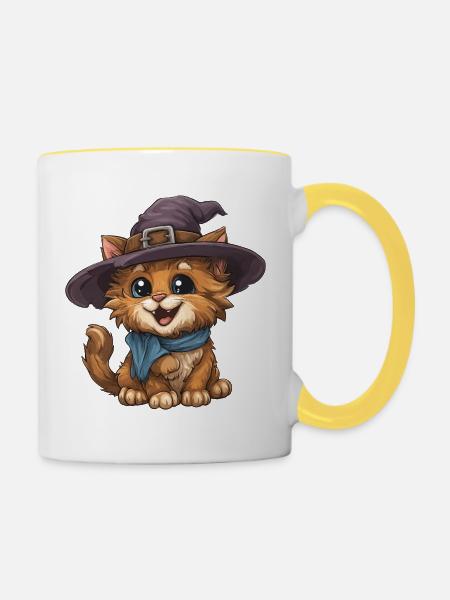 Hexenkatze mit Hut und Schal - Tasse zweifarbig - Weiß/Gelb