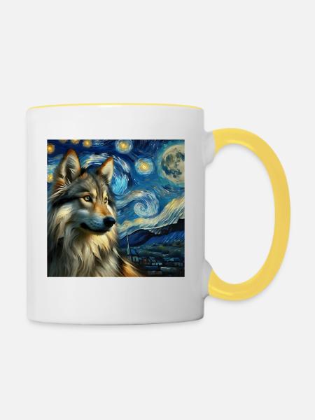 Wolfhund Starry Night - Tasse zweifarbig - Weiß/Gelb