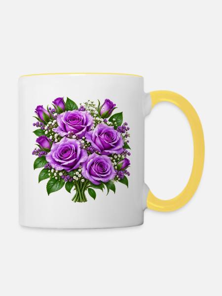 Lavendelrosen-Straußdruck - Tasse zweifarbig - Weiß/Gelb