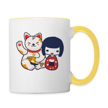 Poupée Kokeshi avec un chat qui porte le chat de Maneki Neko - Mug contrasté - blanc/jaune - Droite
