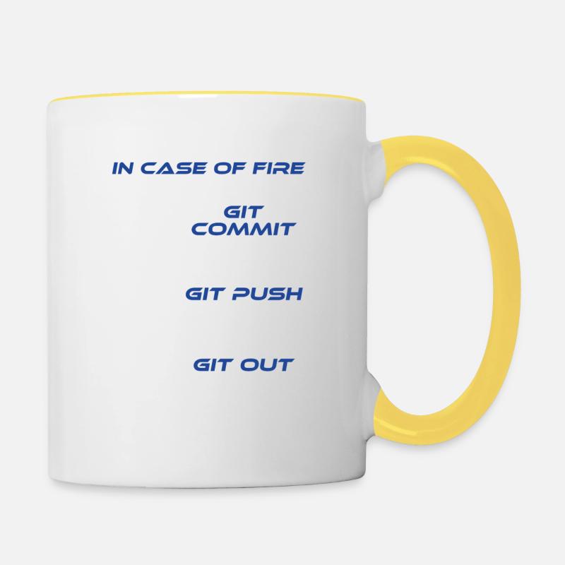 "En cas de feu Git Commit Git Push Git Out" - Mug contrasté - blanc/jaune