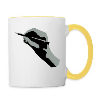 Zeichnende Hand - Tasse zweifarbig - Weiß/Gelb - Rechts