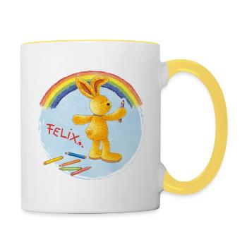 Felix der Hase malt Regenbogen - Tasse zweifarbig - Weiß/Gelb - Rechts