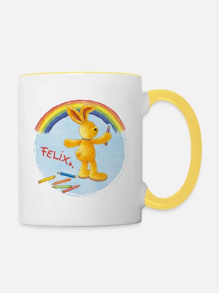 Felix der Hase malt Regenbogen - Tasse zweifarbig - Weiß/Gelb