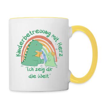 Kinderbetreuung mit Herz - Ich zeig dir die Welt - Tasse zweifarbig - Weiß/Gelb - Rechts