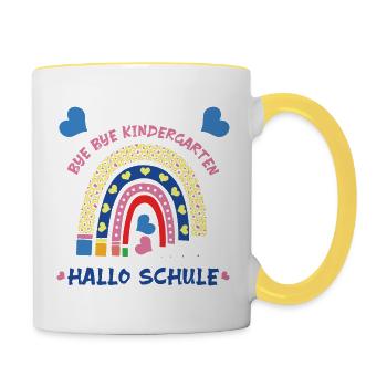 "Bye bye Kindergarten - Hallo Schule" Einschulung - Tasse zweifarbig - Weiß/Gelb - Rechts