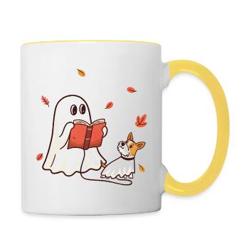 Kleiner Halloween Geist liest ein Buch mit Hund - Tasse zweifarbig - Weiß/Gelb - Rechts