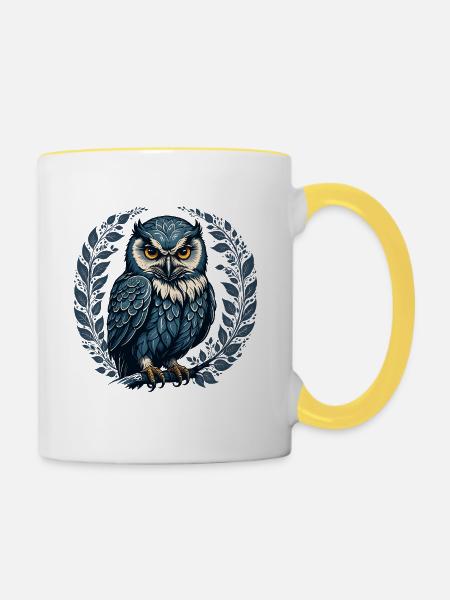 Eule in blau - Tasse zweifarbig - Weiß/Gelb