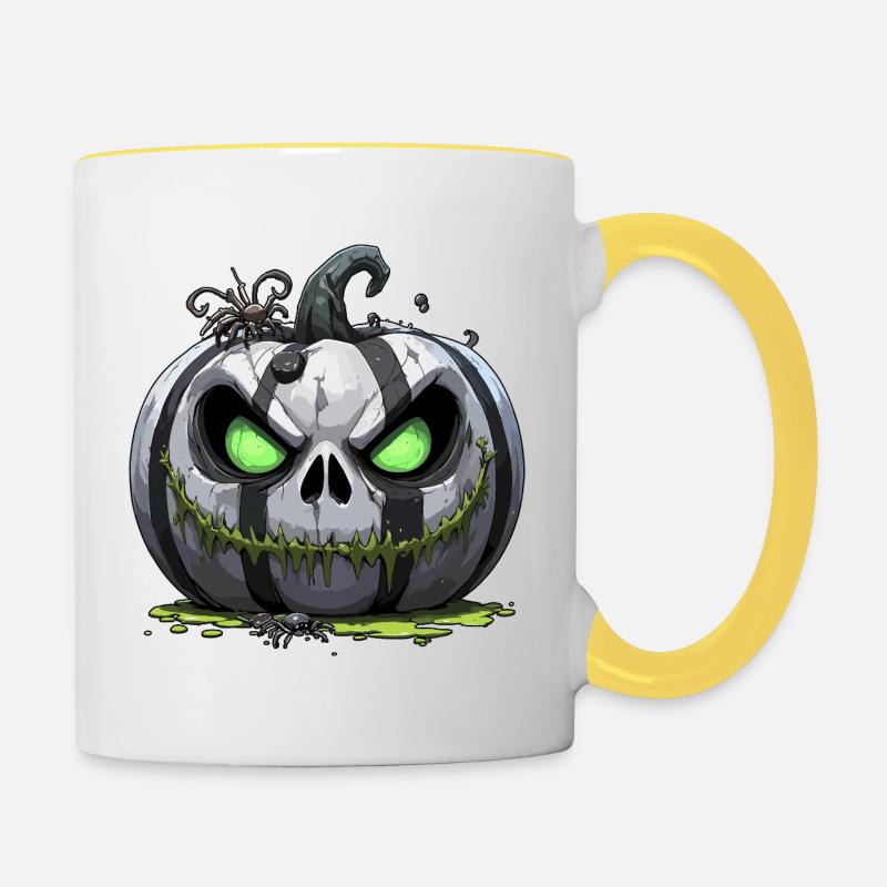 Grim Pumpkin Zombie with Green Eyes - Contrasting Mug - white/yellow