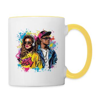 90s 90er Jahre Musik Bunt Party Karneval Kostüm - Tasse zweifarbig - Weiß/Gelb - Rechts