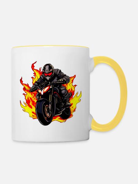 Motorradfahrer mit Flammen - Tasse zweifarbig - Weiß/Gelb