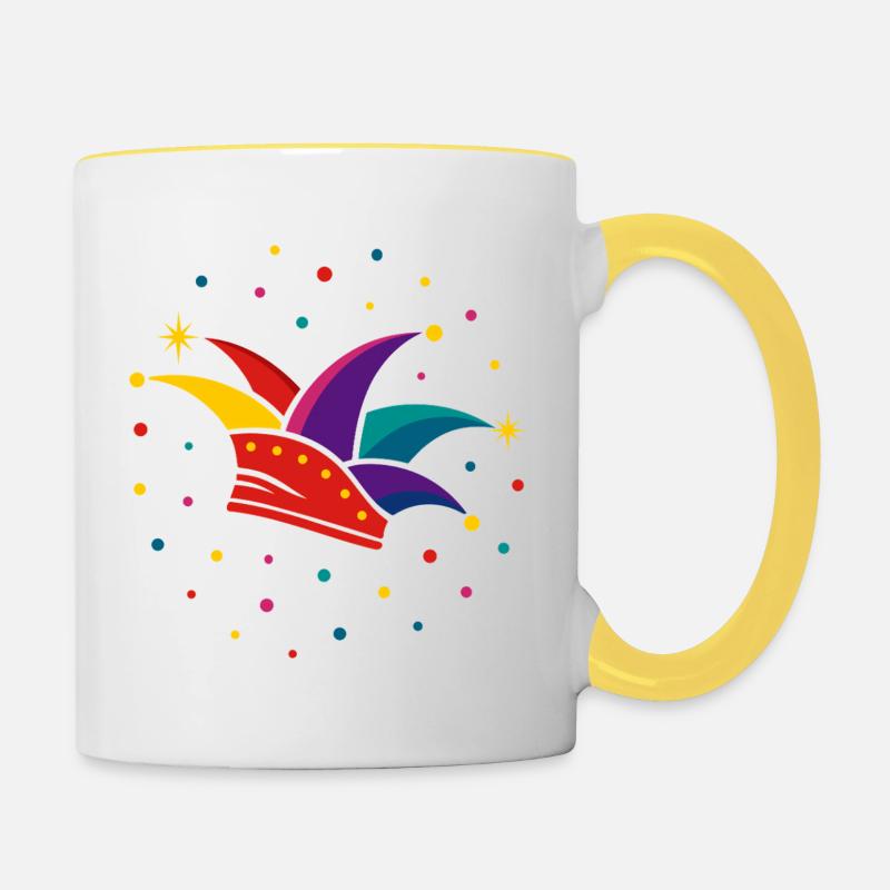 Narrenkappe mit Konfetti – Karneval & Fasching - Tasse zweifarbig - Weiß/Gelb