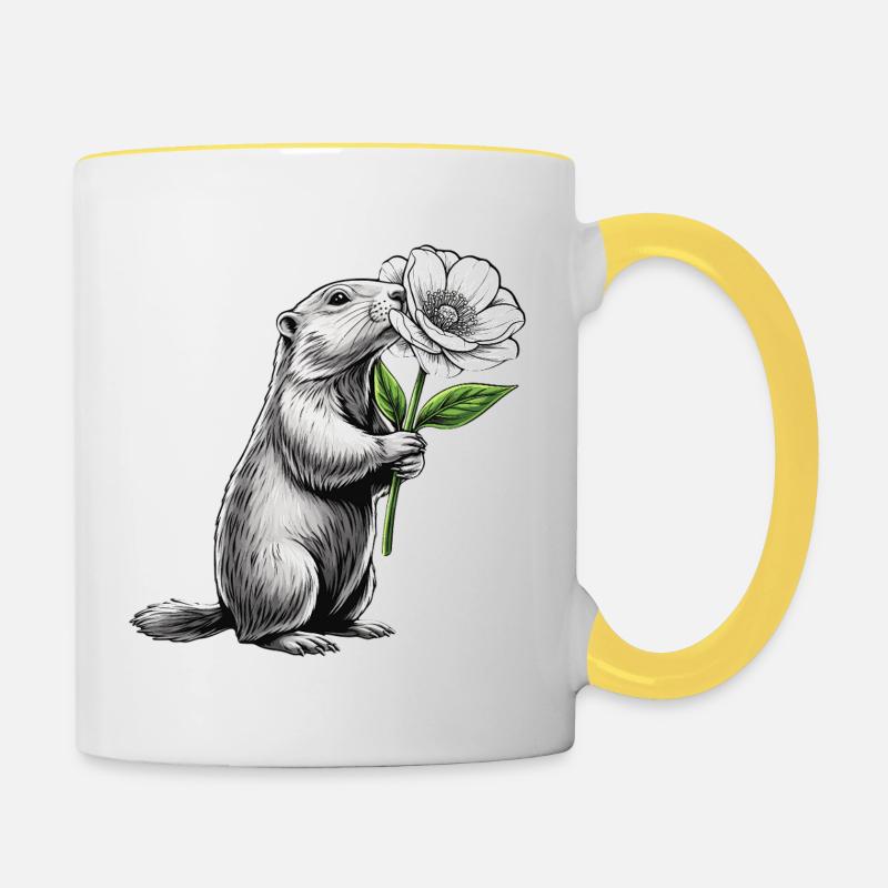Marmot with flower - Contrasting Mug - white/yellow