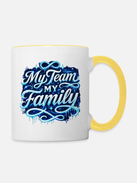 My Team My Family Neon Script - Tasse zweifarbig - Weiß/Gelb