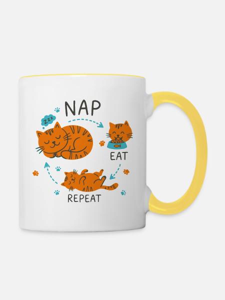 Nap Eat Repeat Katzendesign - Tasse zweifarbig - Weiß/Gelb