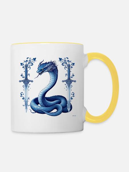 Design von blauen Schlangen-Dekorationsschwertern. - Tasse zweifarbig - Weiß/Gelb