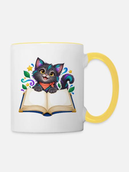 Katzenbuchzauber im Regenbogenstil - Tasse zweifarbig - Weiß/Gelb