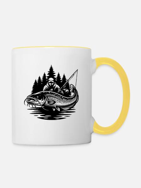 Fischer und Welse im Wald - Tasse zweifarbig - Weiß/Gelb