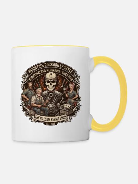 Hillside Reparaturshop Rockabilly - Tasse zweifarbig - Weiß/Gelb