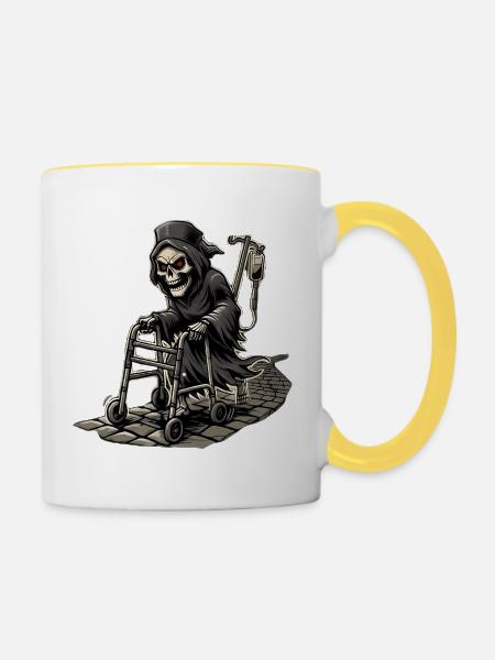 Sensenmann am Gehwagen - Tasse zweifarbig - Weiß/Gelb