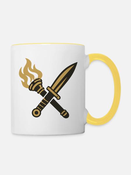 Schwert Fackel Wappen Logo - Tasse zweifarbig - Weiß/Gelb