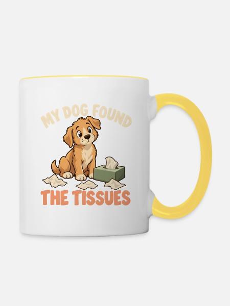 Der Hund fand die Taschentücher - Tasse zweifarbig - Weiß/Gelb